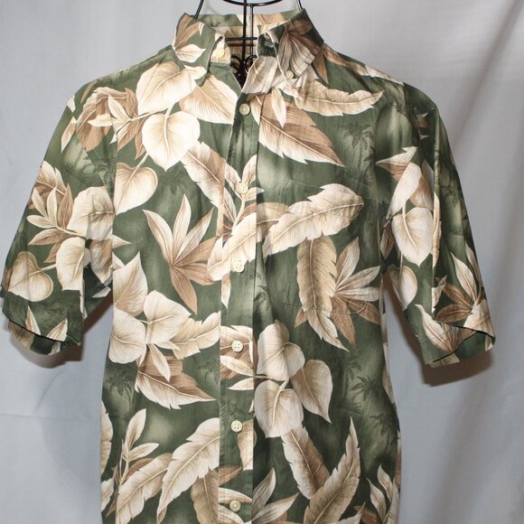 Men's Tropical Print Shirt Button Front Short Sleeve Green Tan All Cotton Sz S - Picture 4 of 6